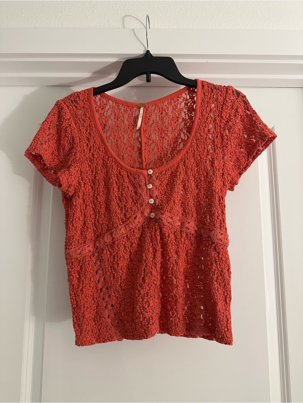 Free People Coral Lace Scoop-Neck Short Sleeve Top